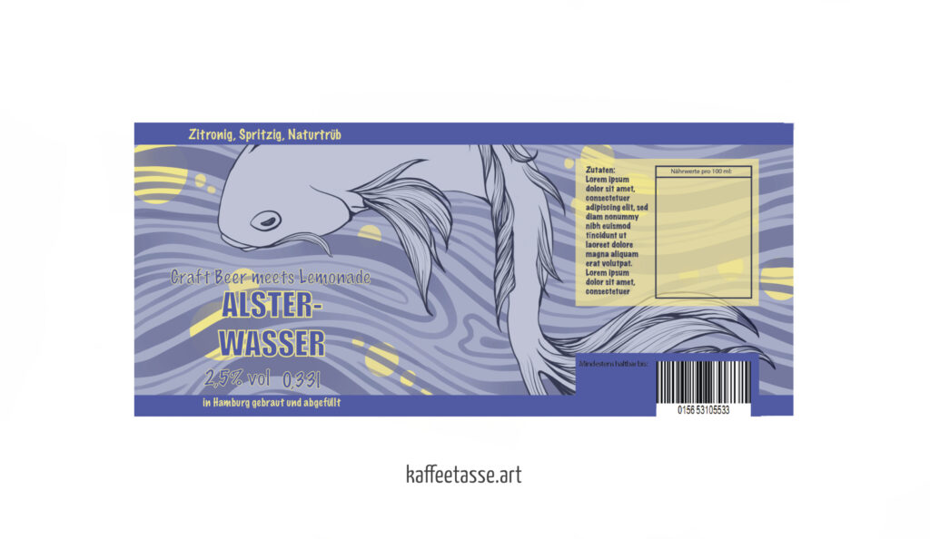 Illustrated label for a beer-lemonade mix drink, featuring a dynamic koi fish, representing a refreshing and high-quality beer brand design.