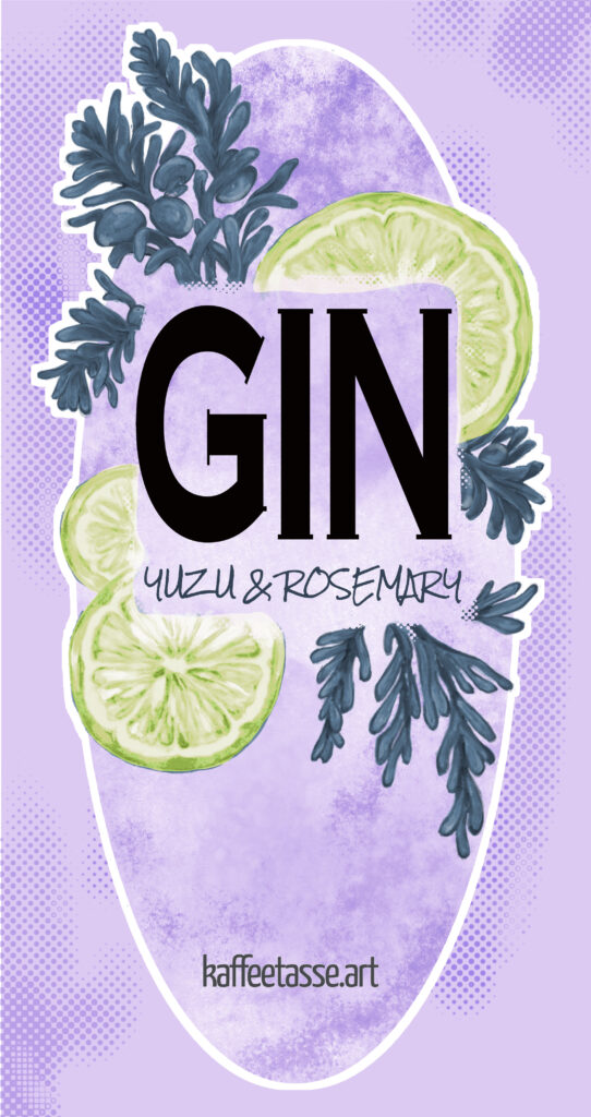 Colorful label illustration for a premium summer gin infused with yuzu and rosemary, featuring fresh and detailed botanical art illustrations.