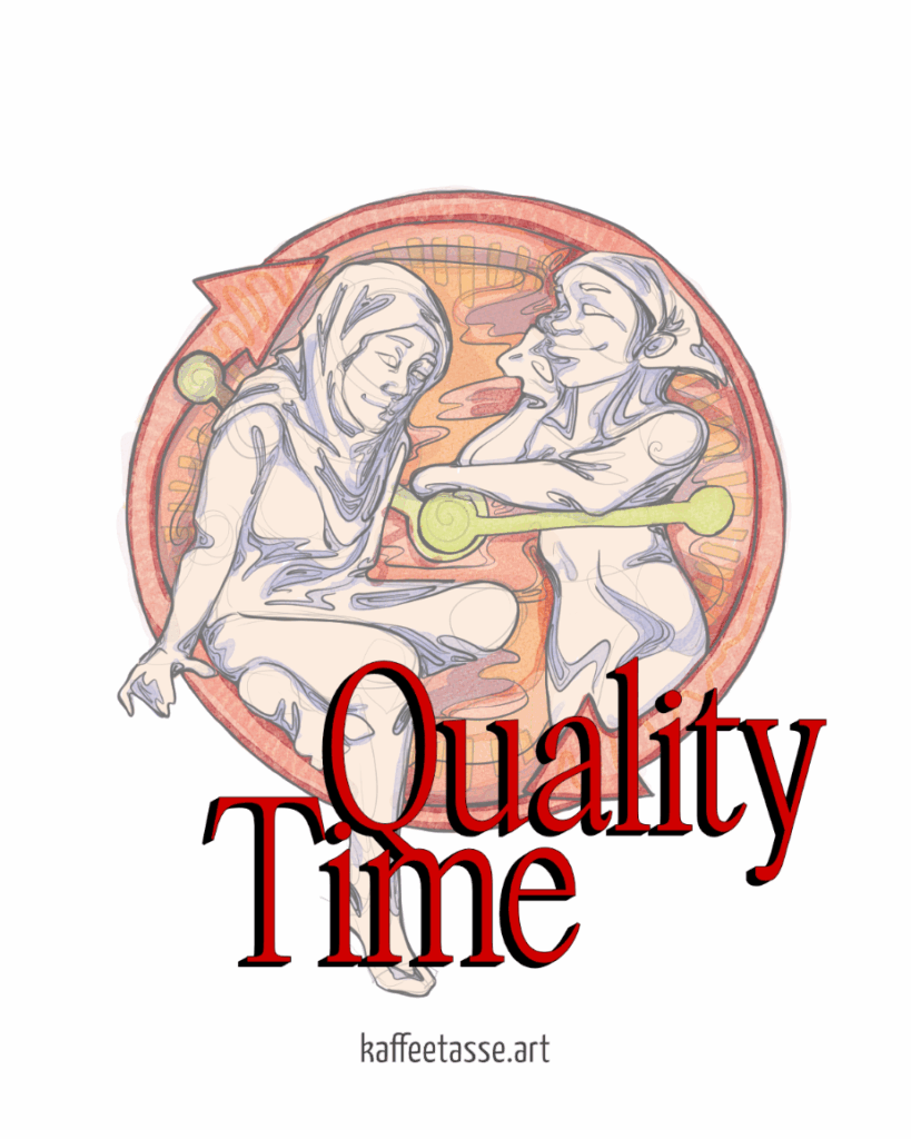 An editorial illustration capturing the essence of quality time as one of the five love languages. The artwork visually explores emotional presence, shared experiences, and undivided attention as key elements of intimacy and connection in relationships.