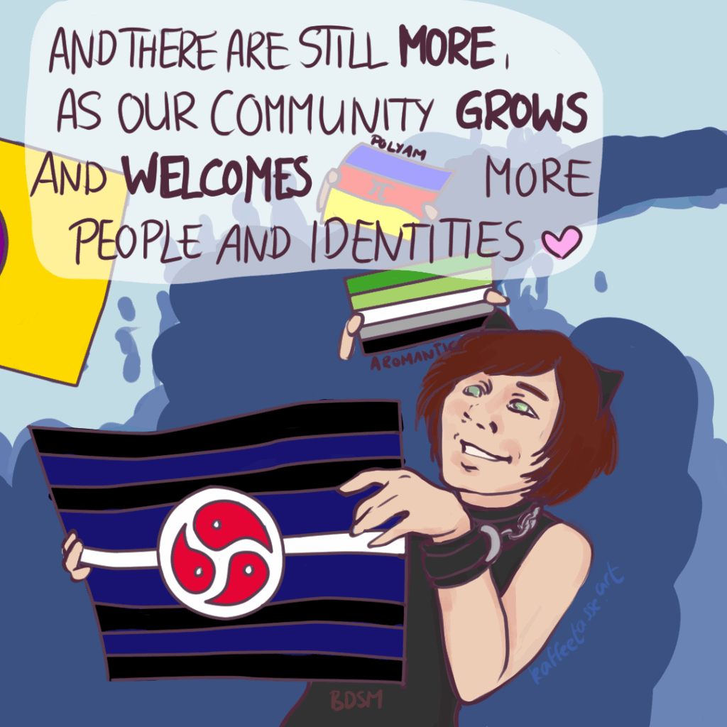 A comic-style illustration featuring people carrying the BDSM pride flag alongside various other queer identity flags. This piece is part of a broader comic illustration series that highlights the diversity of flags within the LGBTQIA+ community, each accompanied by a brief look into their historical background and cultural significance.