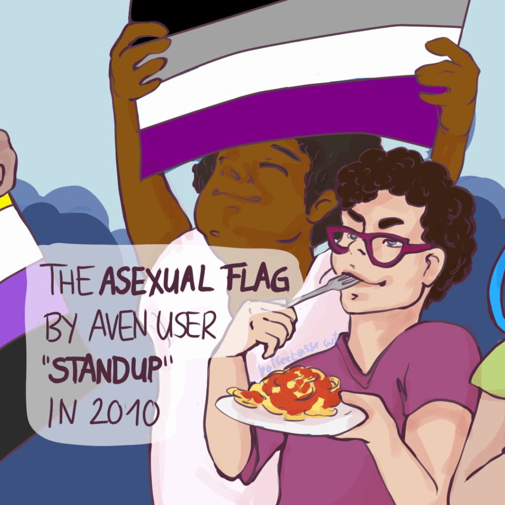 A comic-style illustration featuring people carrying the asexual pride flag among a parade. This piece is part of a broader comic illustration series that highlights the diversity of flags within the LGBTQIA+ community, each accompanied by a brief look into their historical background and cultural significance.