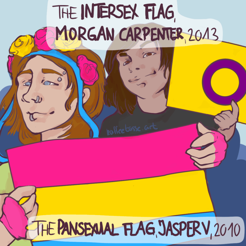 A comic-style illustration featuring people carrying the pansexual pride flag alongside the intersex identity flag. This piece is part of a broader comic illustration series that highlights the diversity of flags within the LGBTQIA+ community, each accompanied by a brief look into their historical background and cultural significance.
